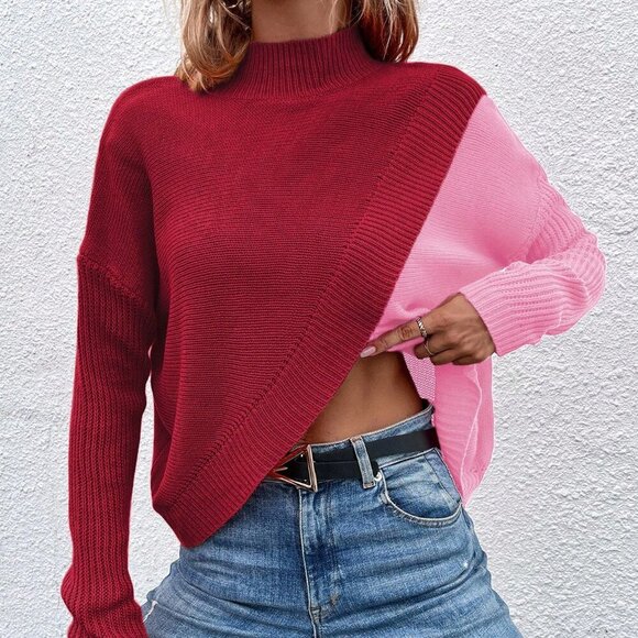 Multicolor Casual Women's Color Block Stand Collar Wrap Sweater - Picture 5 of 6